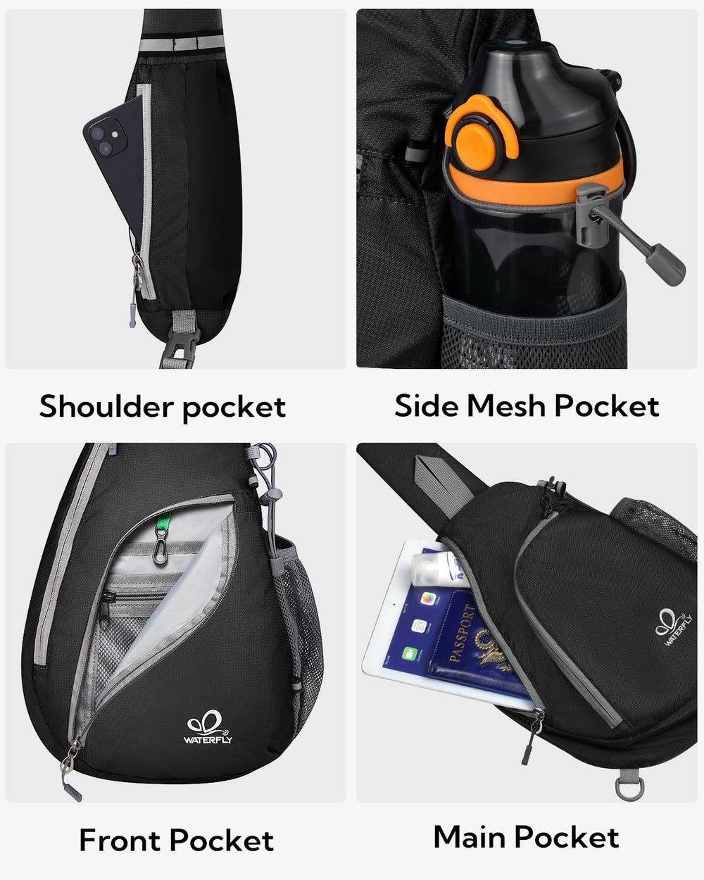 WATERFLY front compartment open with mesh and pen pouches for easy organization