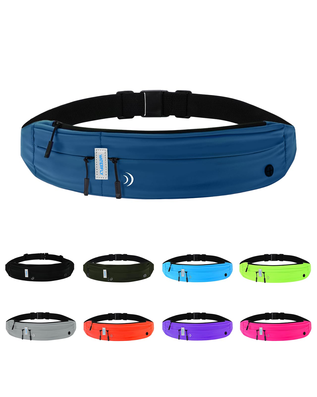 WATERFLY front view of running belt showing slim profile and pockets for comfortable carry
