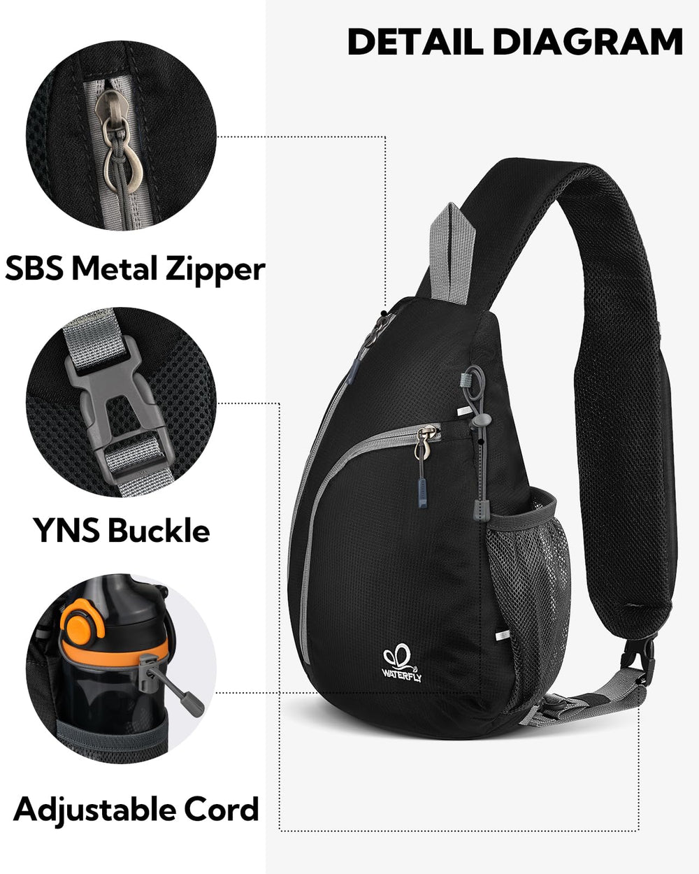 WATERFLY side mesh pocket holding bottle showing hands-free hydration convenience