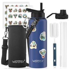 WATERSY deep blue bottle front view showing capacity and finish benefit
