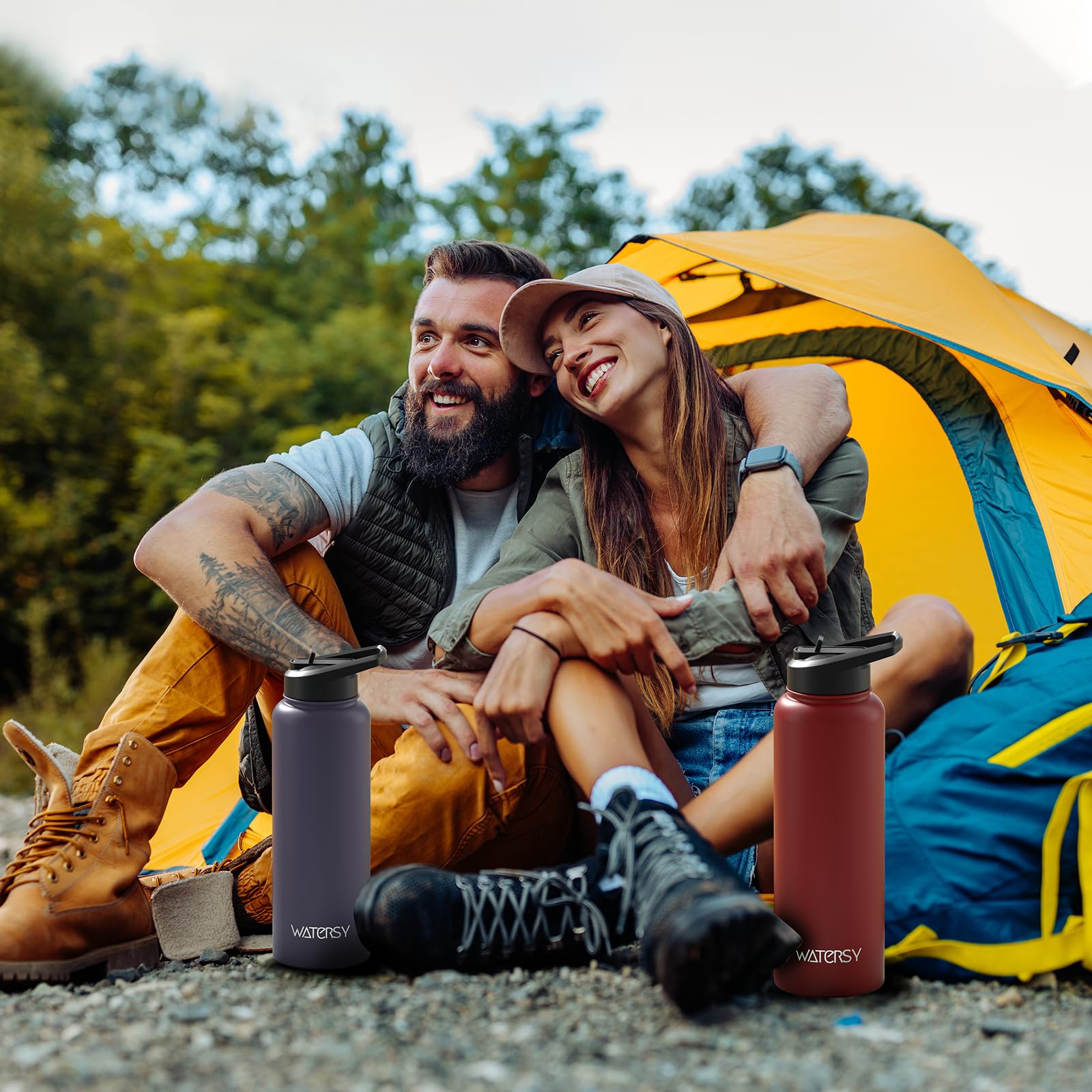 WATERSY bottle attached to hiking pack showing outdoor portability