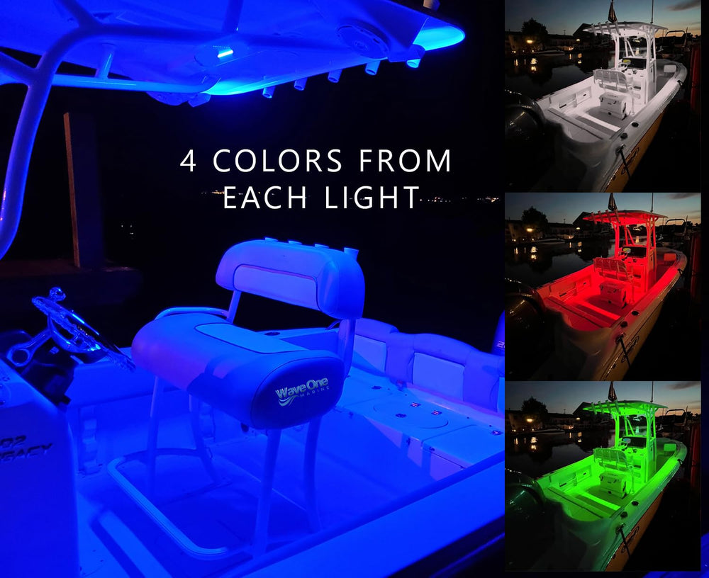 Wave One Marine glowing blue at night on a transom, creates attractive ambient mood lighting for entertaining