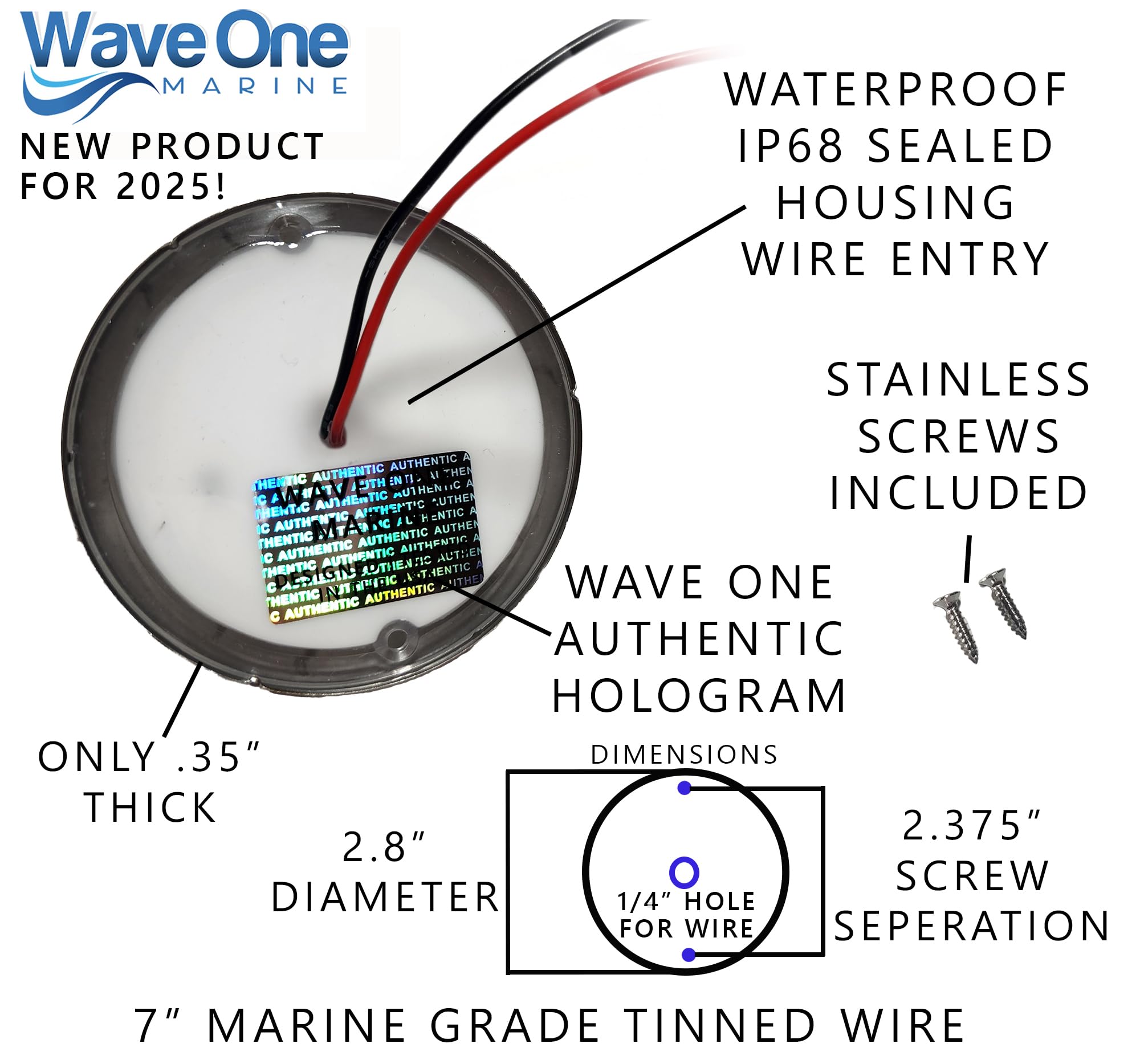 Wave One Marine installed on transom glowing blue for dockside ambiance and safety