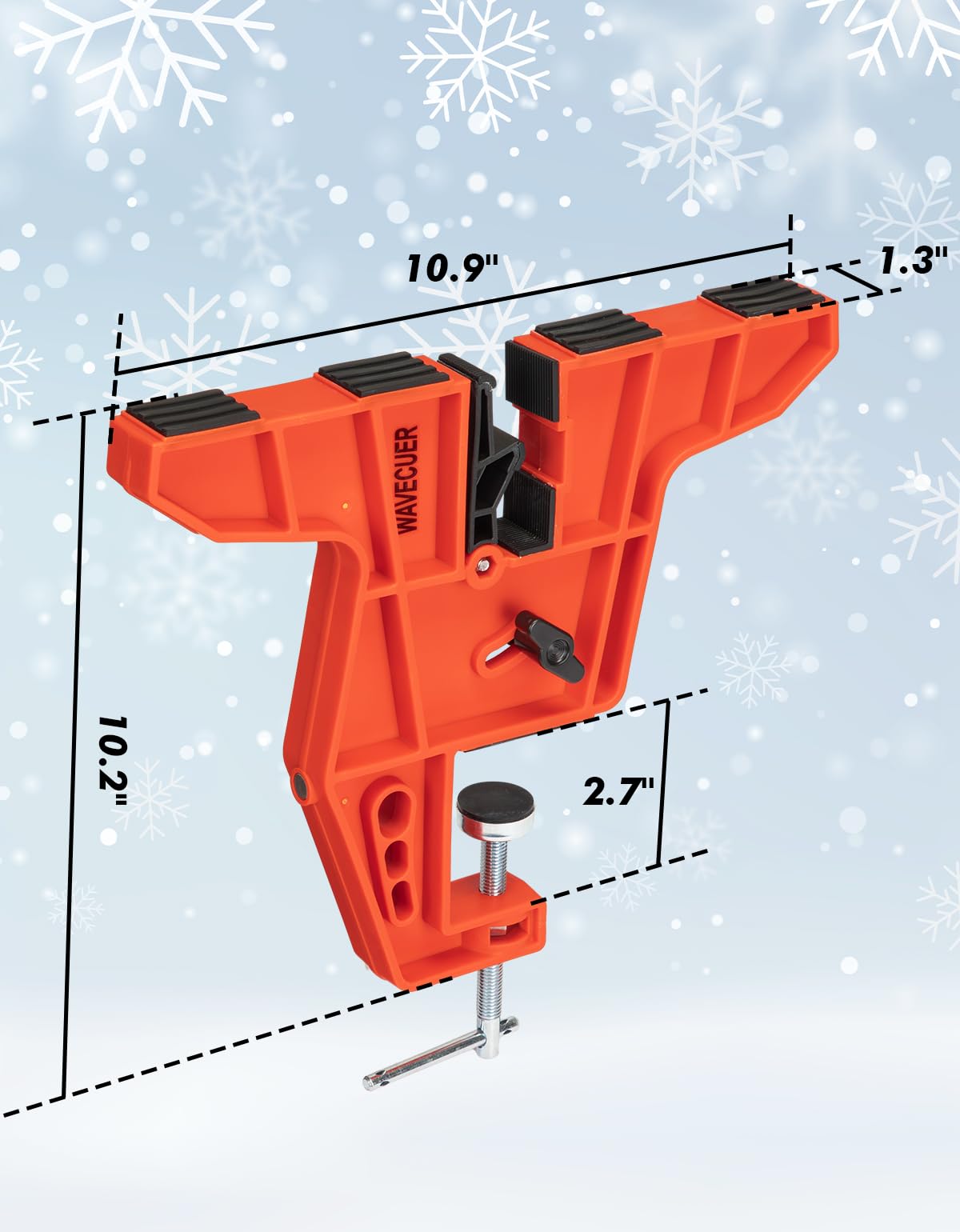 WAVECUER vise beside skis for size comparison showing compact portability benefit