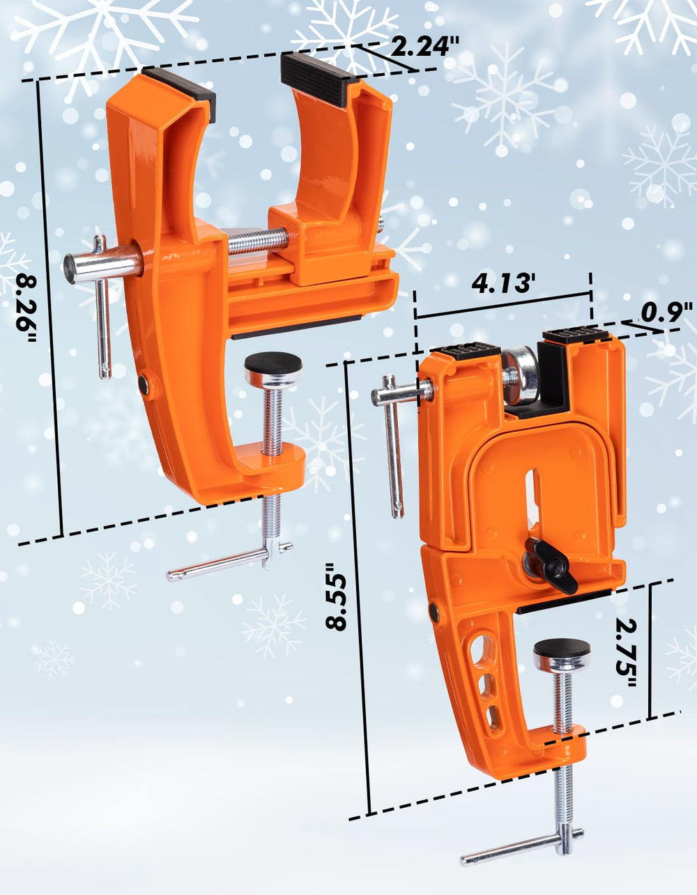 WAVECUER vise next to ruler showing clamping range and bench compatibility