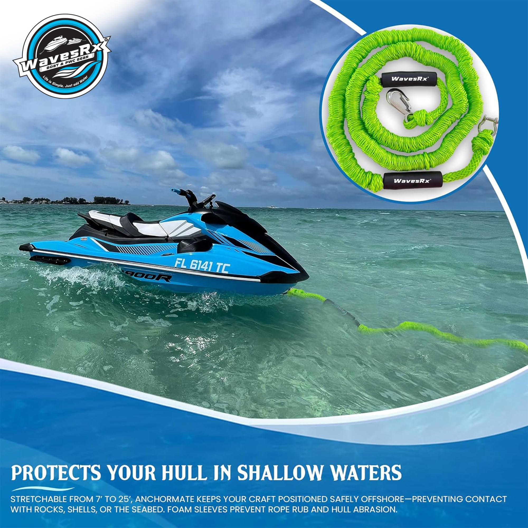 WAVESRX AnchorMate in use on a jet ski absorbing wave shocks for stability