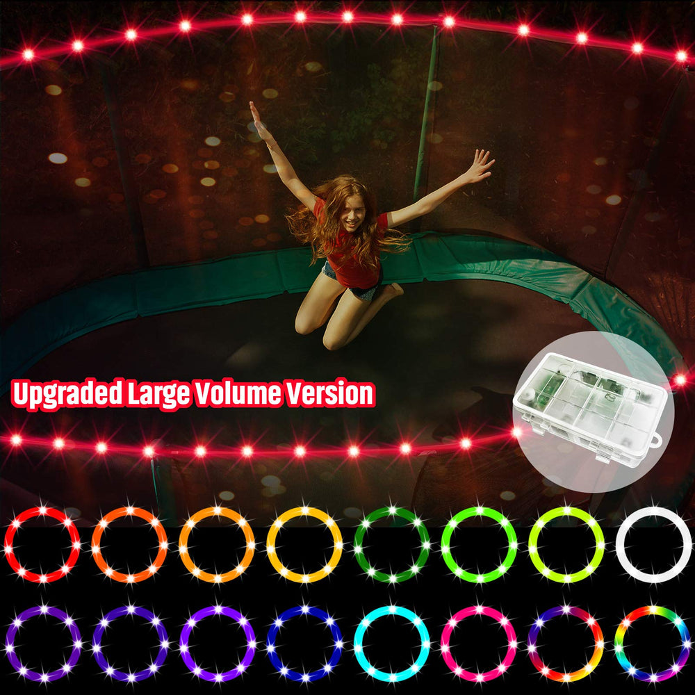 Waybelive front view of lit trampoline rim showing bright colorful safety glow