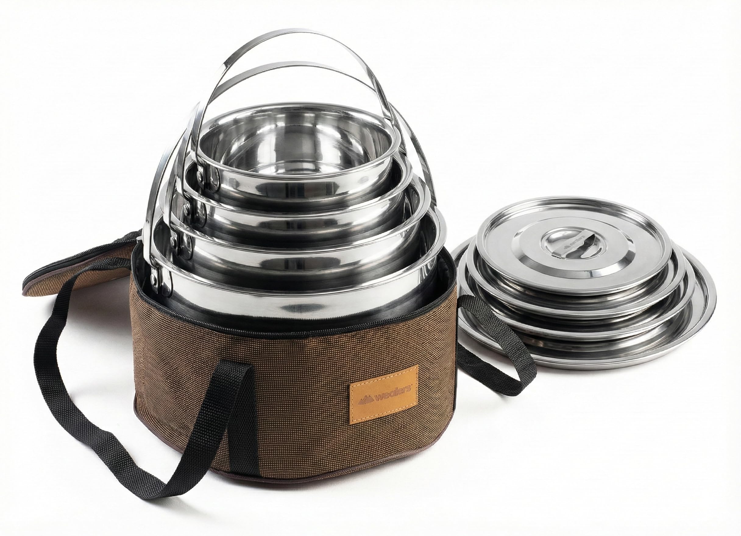 Wealers pots next to a water bottle to show compact size and packing advantage