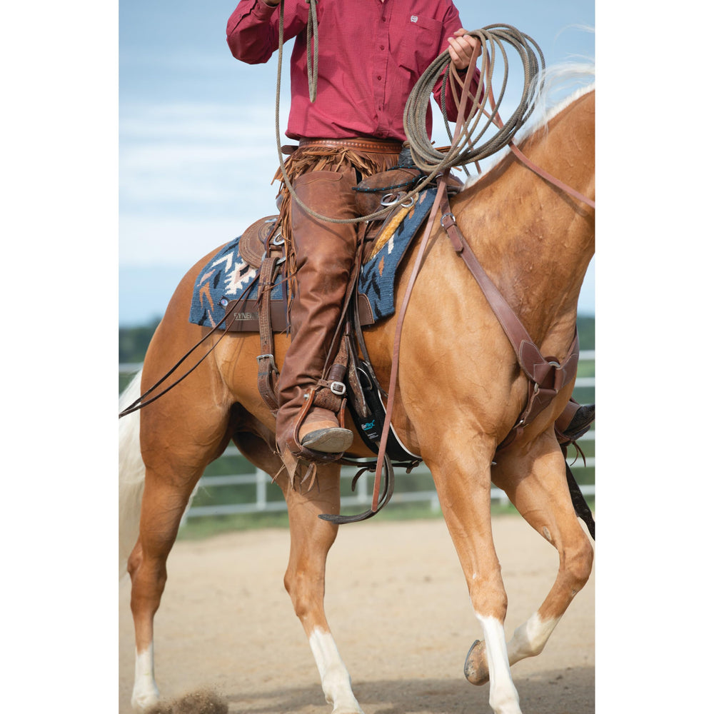 Weaver Equine cinch beside measuring tape showing 28 inch size and correct fit benefit