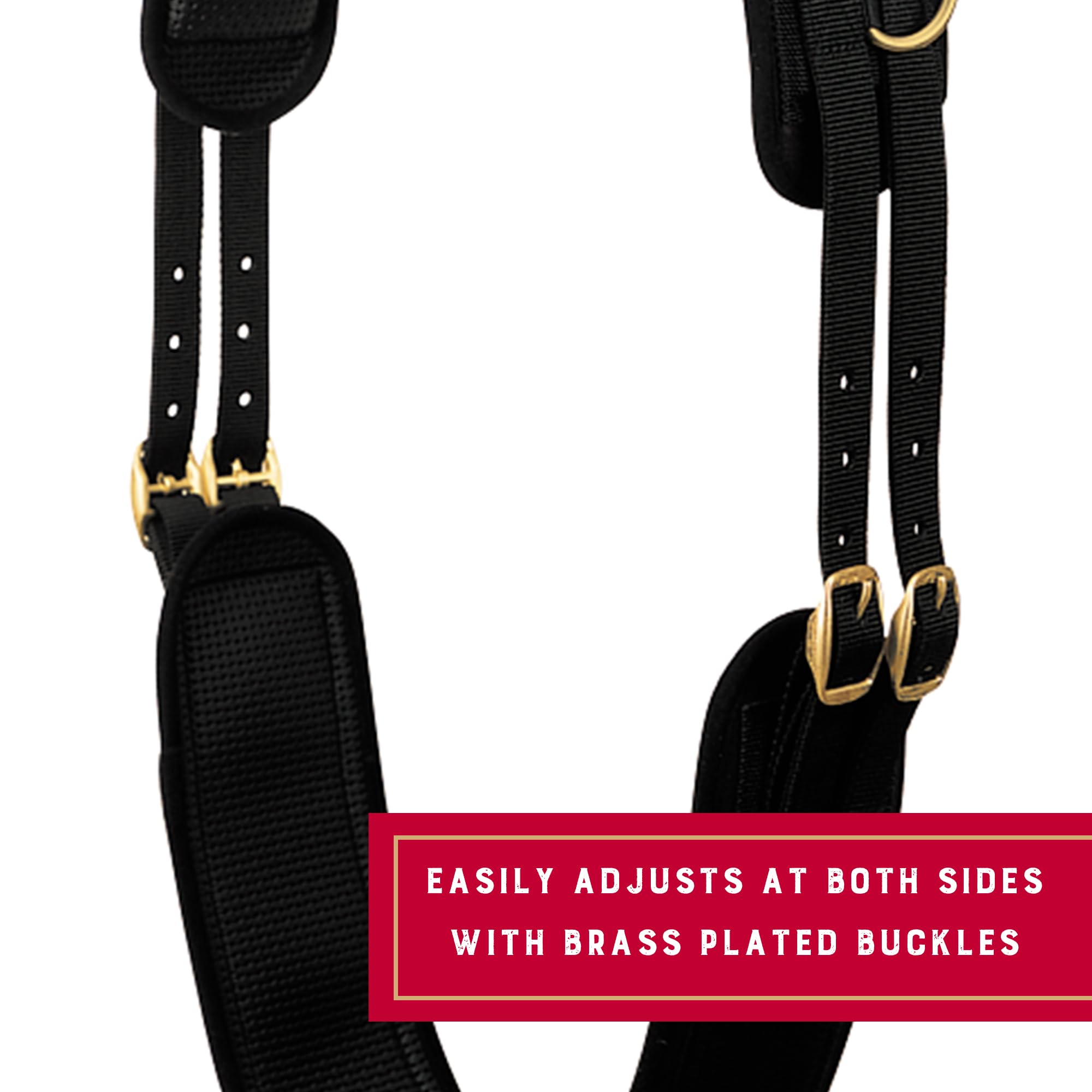 Weaver Equine brass buckle detail showing rust-resistant hardware benefit