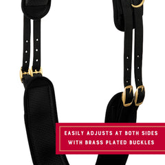 Weaver Equine brass buckle detail showing rust-resistant hardware benefit