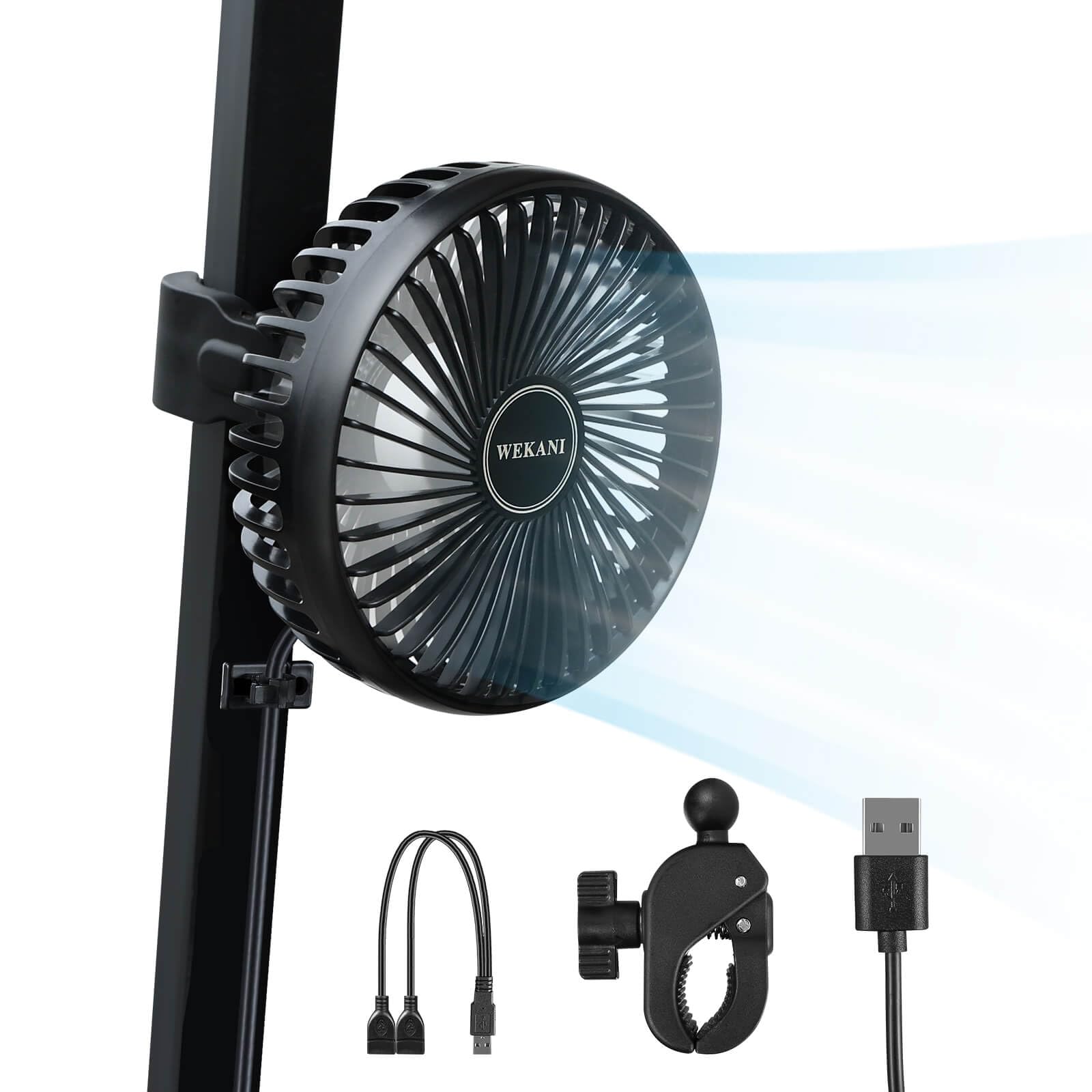 WEKANI fan front view clamped to golf cart rail shows secure fit and cooling