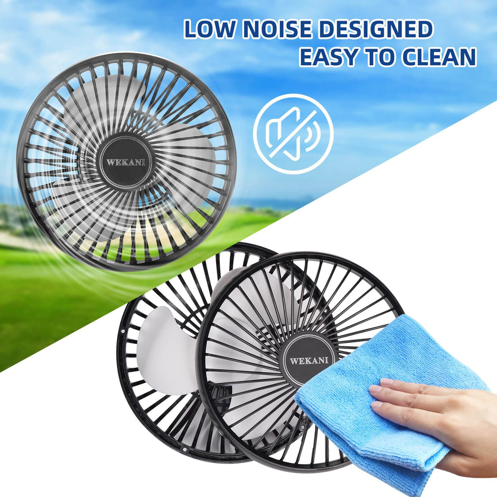 WEKANI fan mounted on golf cart in sun providing cooling comfort outdoors