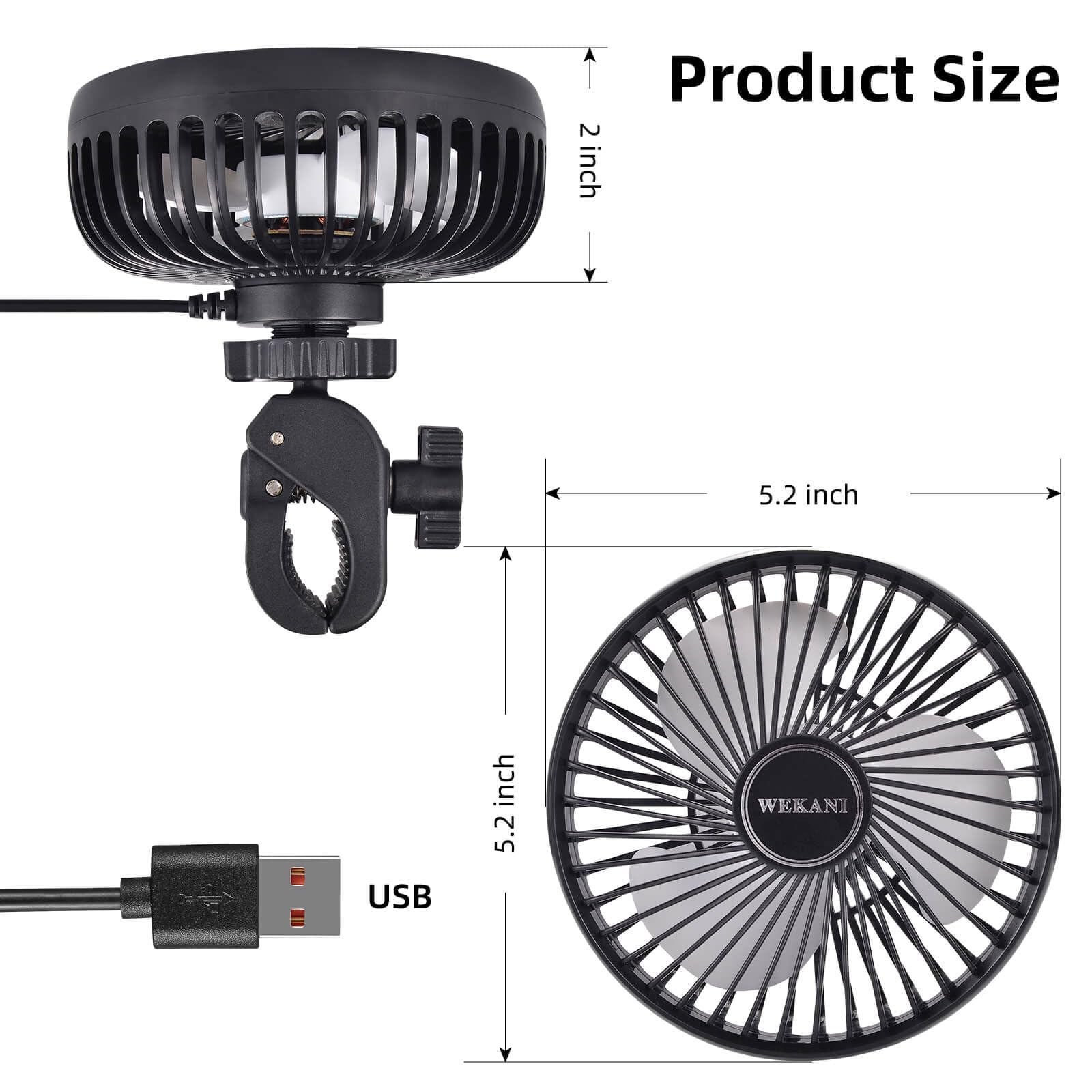 WEKANI fan held by hand next to rail to show compact size and scale