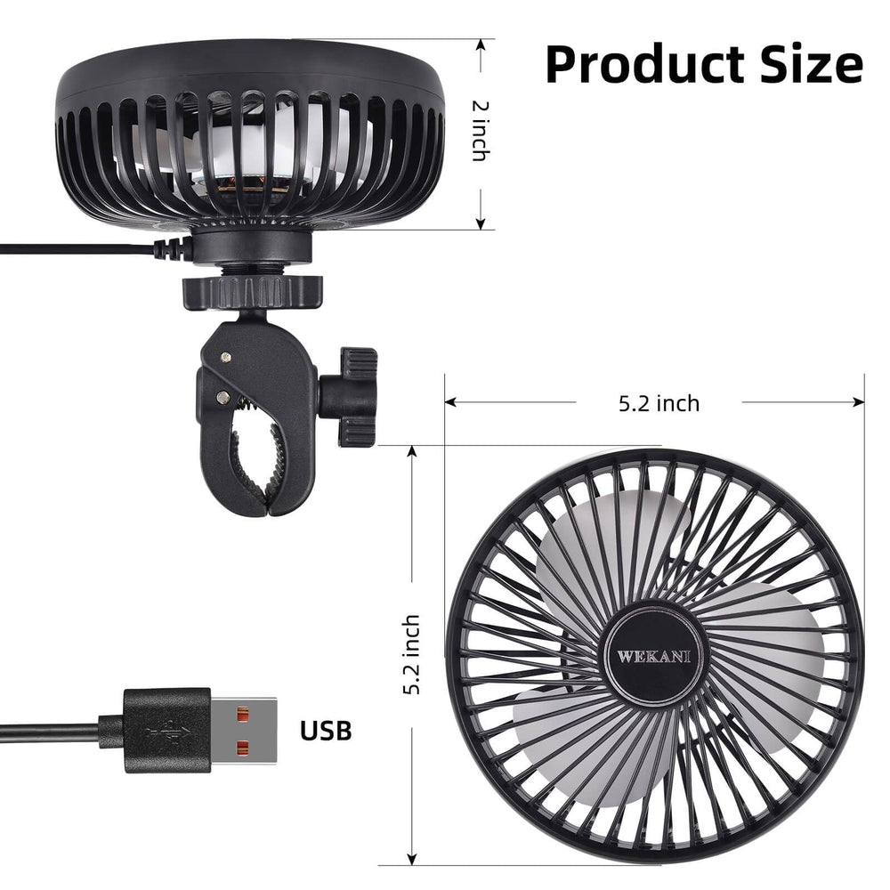 WEKANI fan held by hand next to rail to show compact size and scale