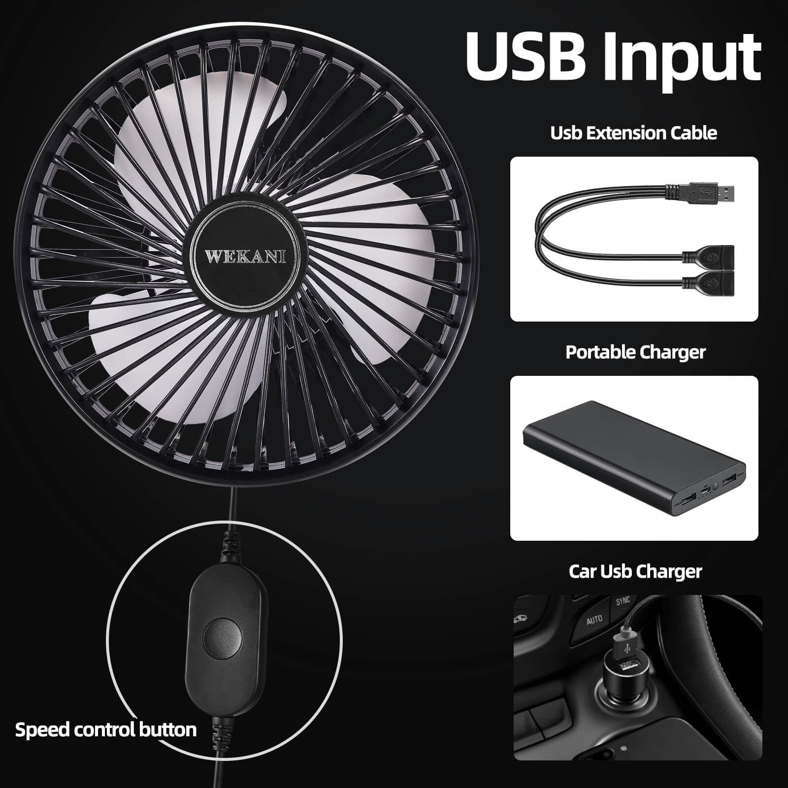 WEKANI dual-ended USB cable plugged into power bank for portable power
