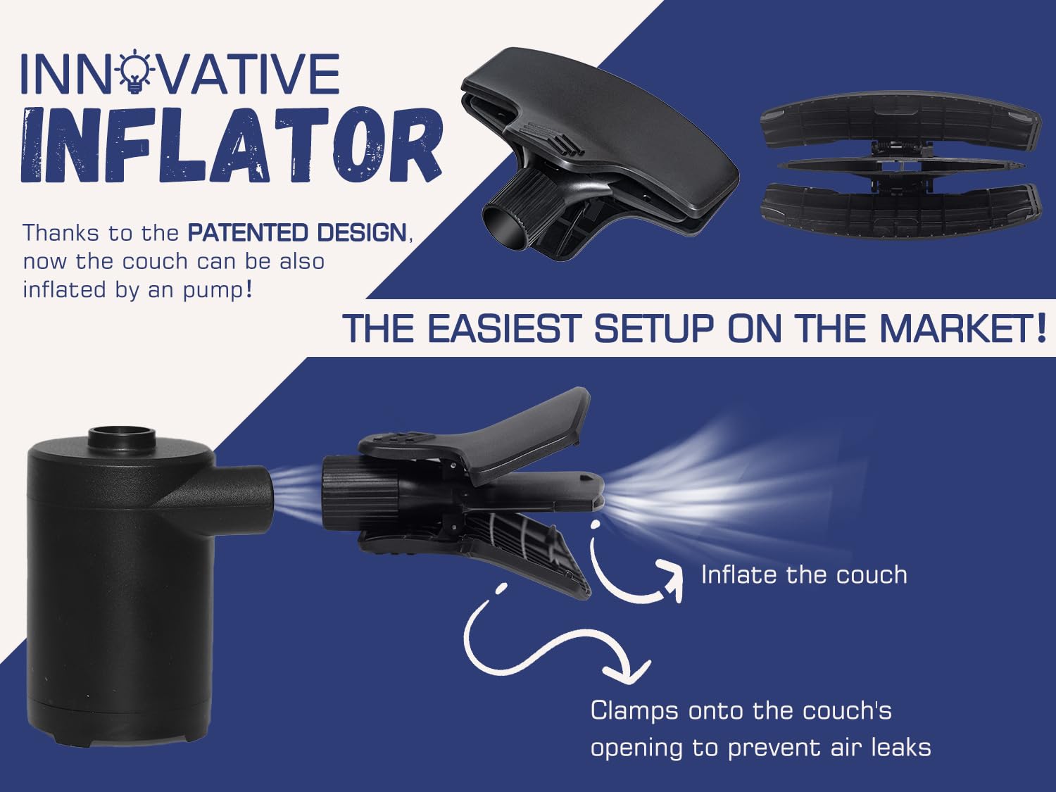 WEKAPO included pump and adapter next to couch for fast hands-free inflation benefit