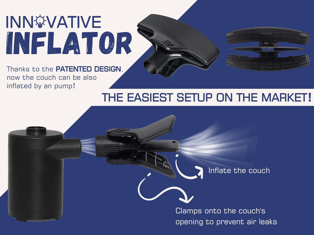 WEKAPO included pump and adapter next to couch for fast hands-free inflation benefit