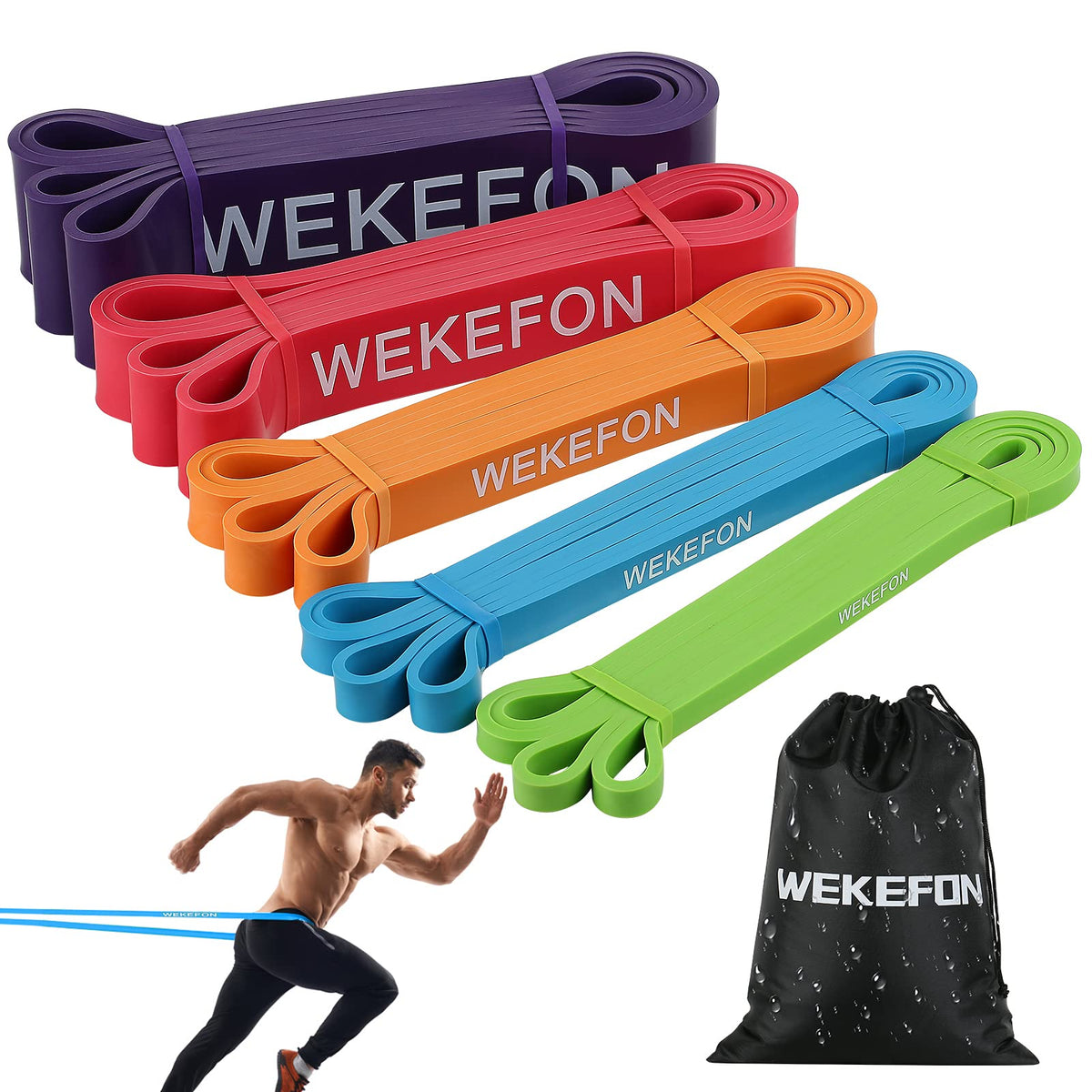 WEKEFON front packaging showing five resistance bands and carry bag, convenient kit for progression