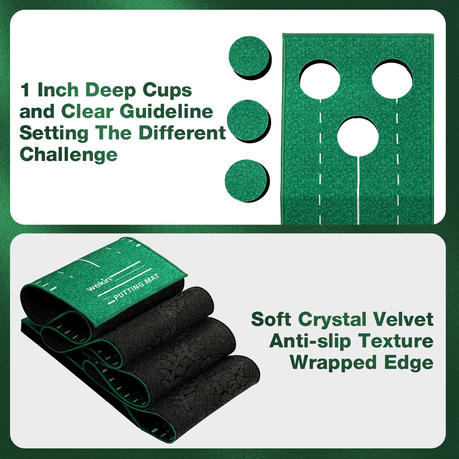 Wekin mat closeup of crystal velvet surface demonstrating smooth ball roll and realistic feel