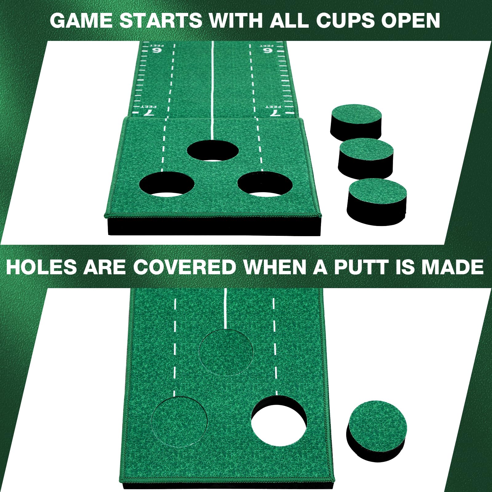 Wekin three holes layout top-down showing multiple target positions for varied putting drills