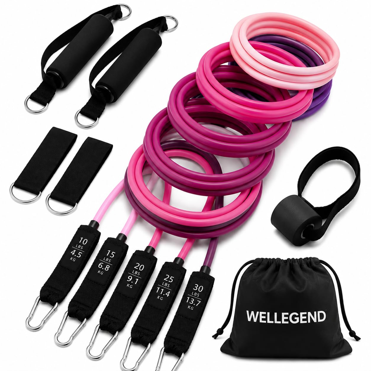 wellegend front packaging showing complete resistance band kit and portability benefit