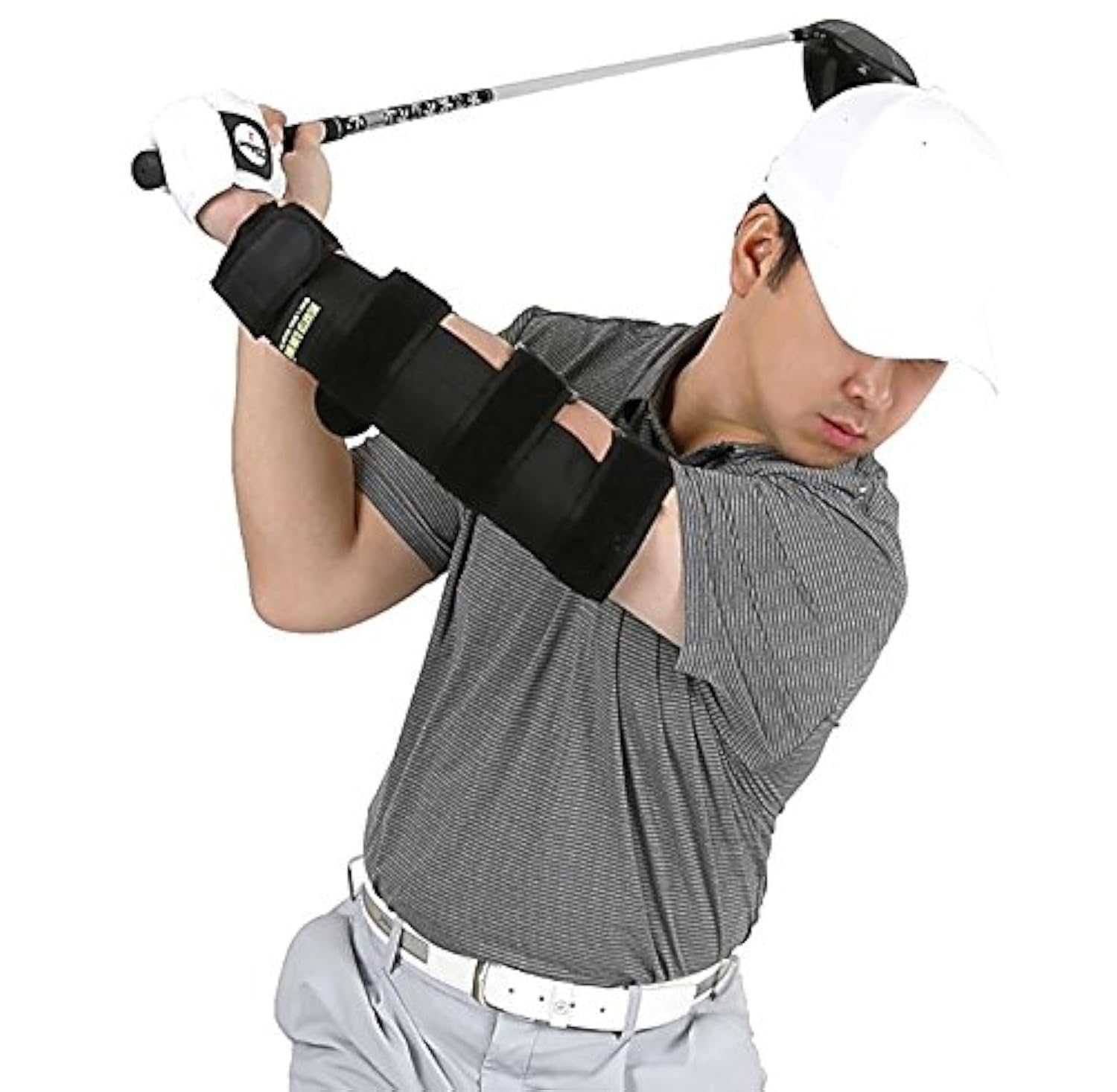 Wellstream Golf front view of weighted elbow brace showing secure fit and stability