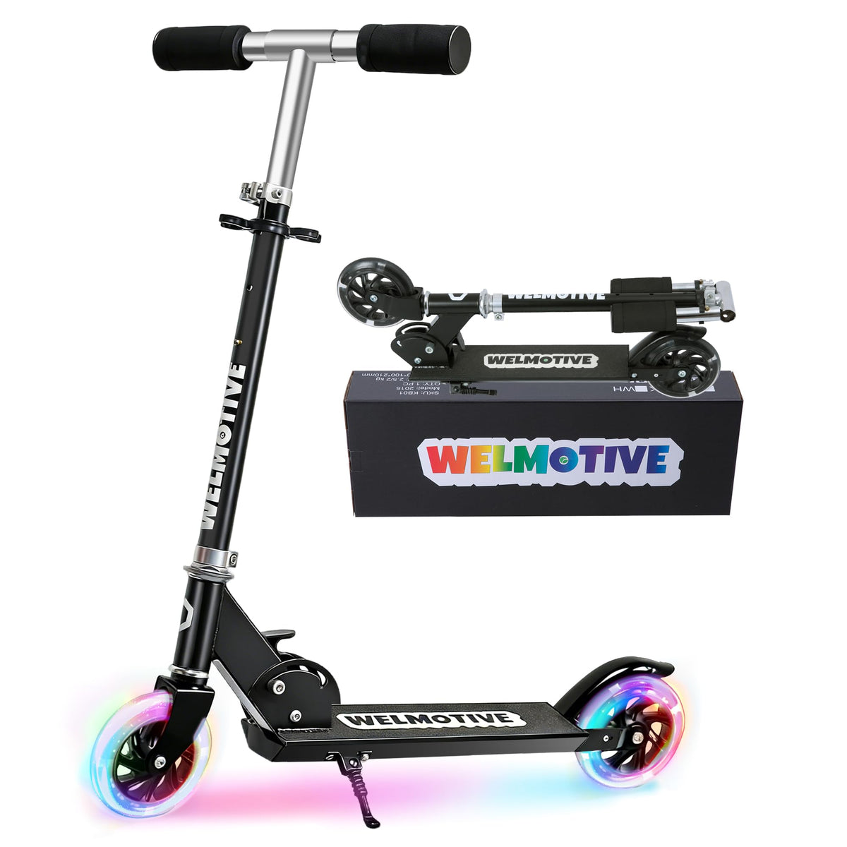 Welmotive front view showing scooter frame and deck for easy portability and safety
