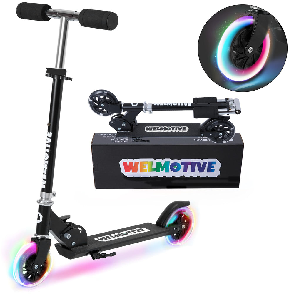 Welmotive family scene at park showing child riding with bright LED wheels