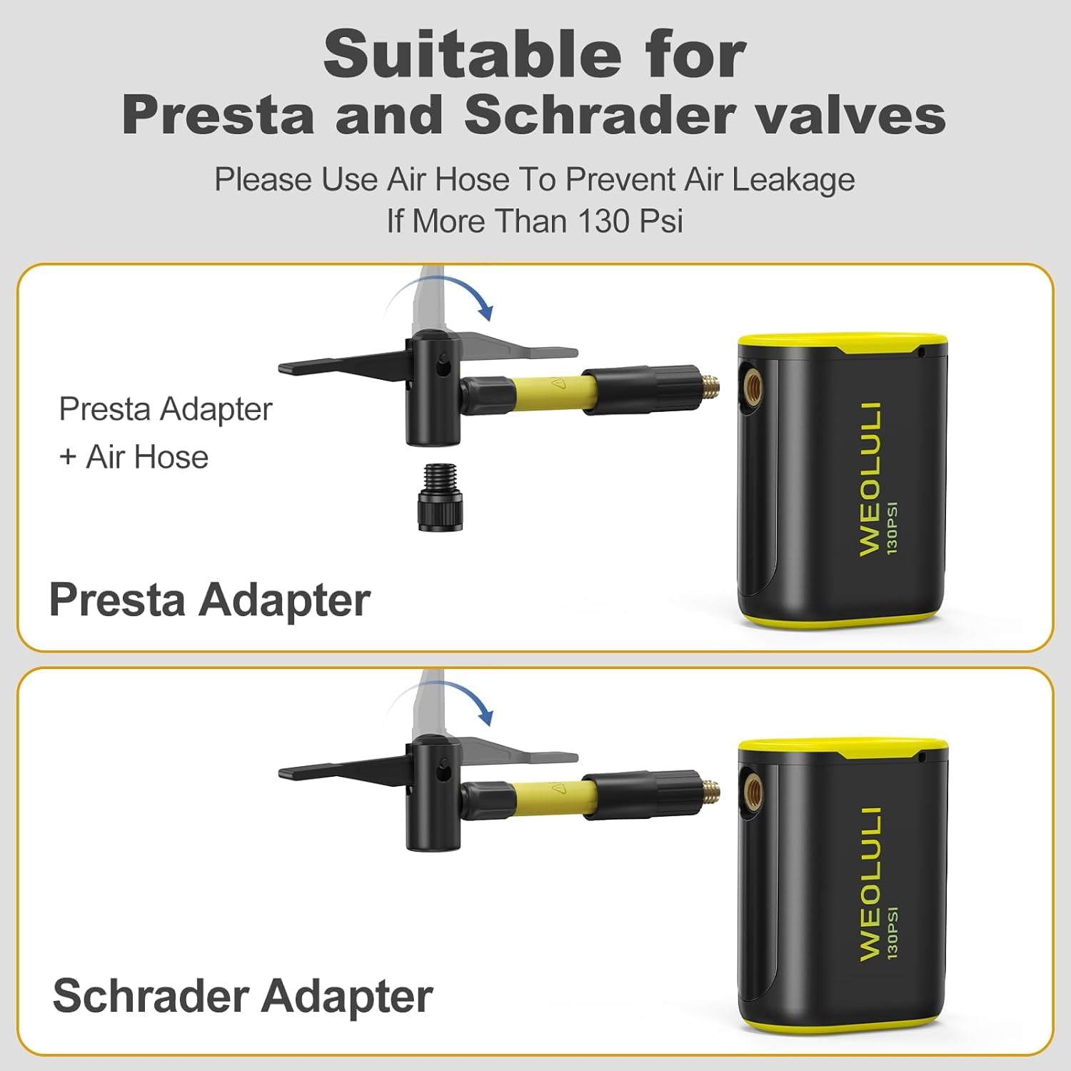 WEOLULI accessories and compatibility layout showing Presta and Schrader support benefit