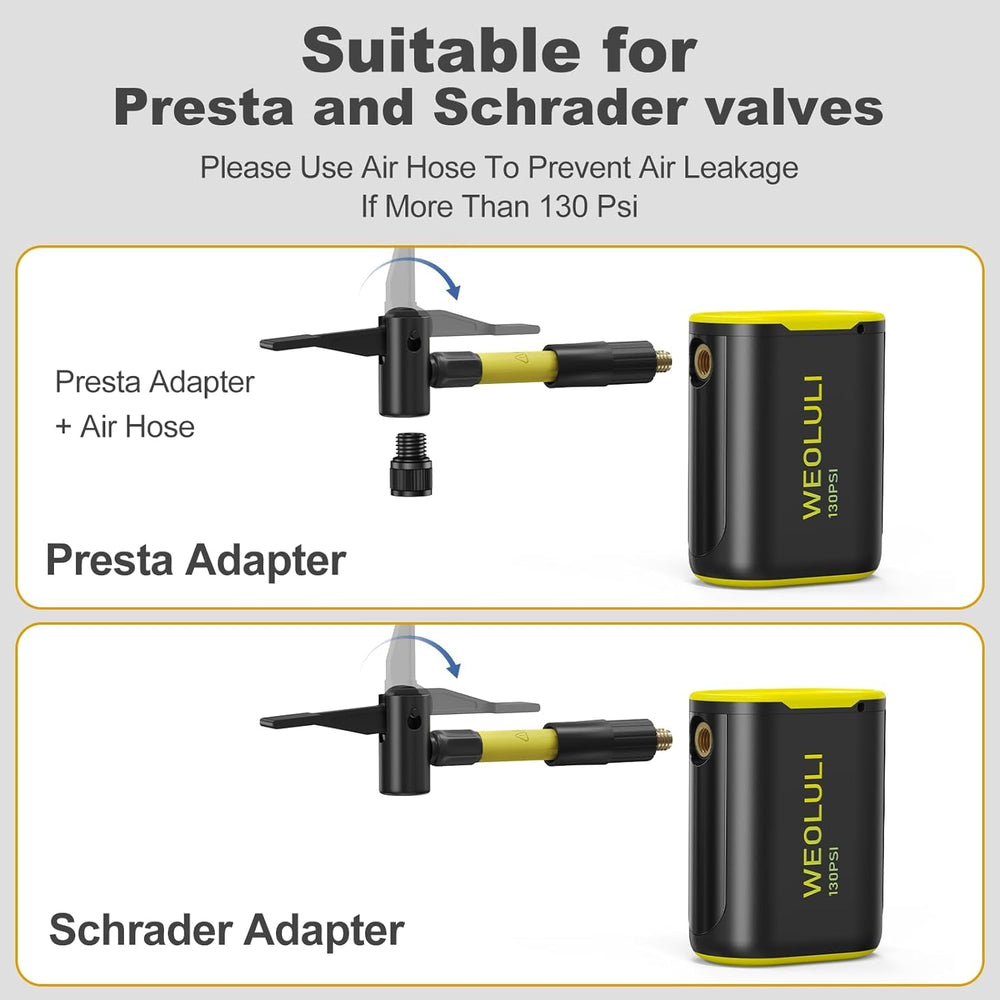 WEOLULI accessories and compatibility layout showing Presta and Schrader support benefit