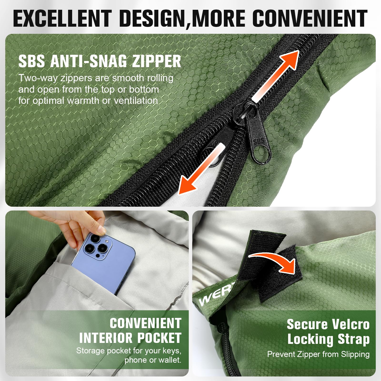 WERTYCITY zipper and draft tube detail for reliable heat retention