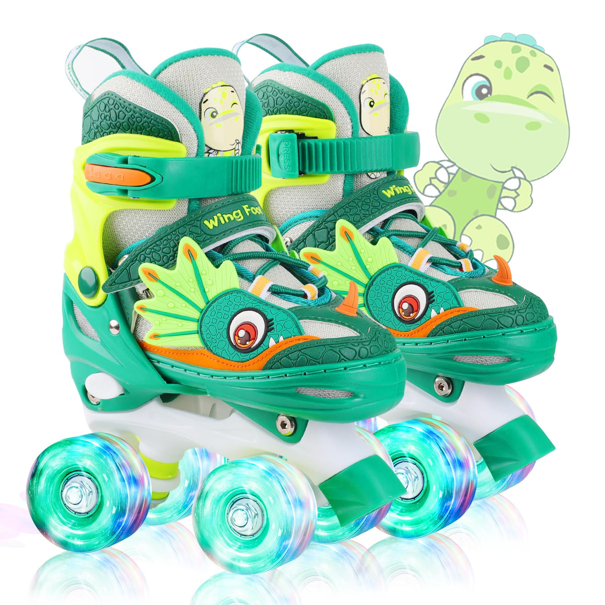 WESKIFAN front view of dinosaur skates showing colorful design and sturdy toe for playful appeal