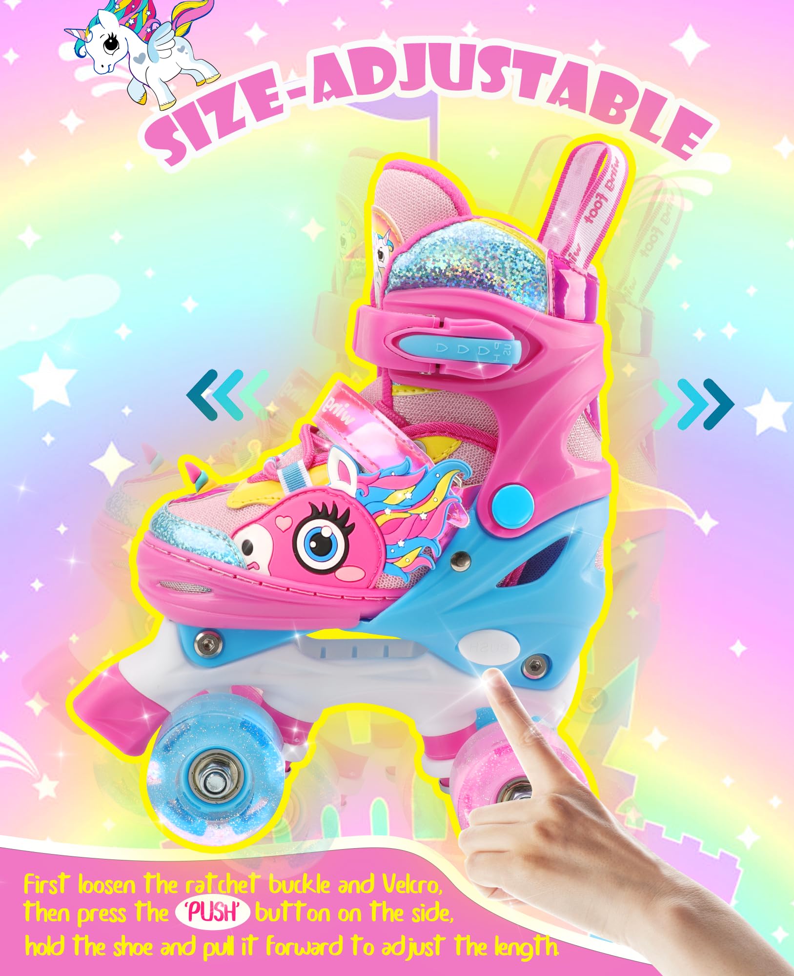 WESKIFAN skates beside a child’s shoe showing adjustable size range