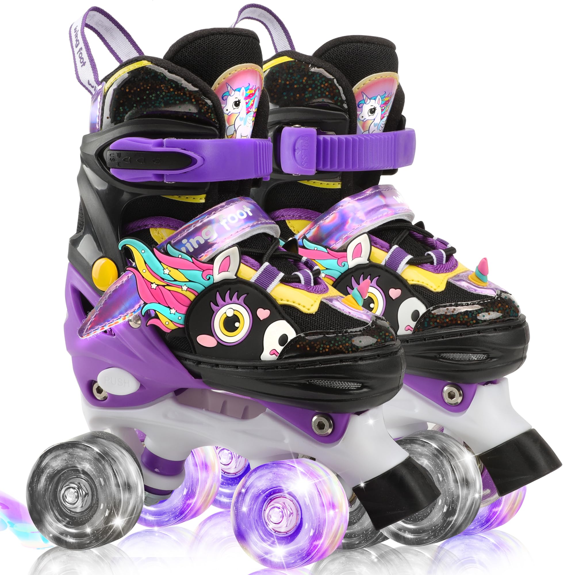 WESKIFAN unicorn quad skates front view showing playful design and durable shell for confidence