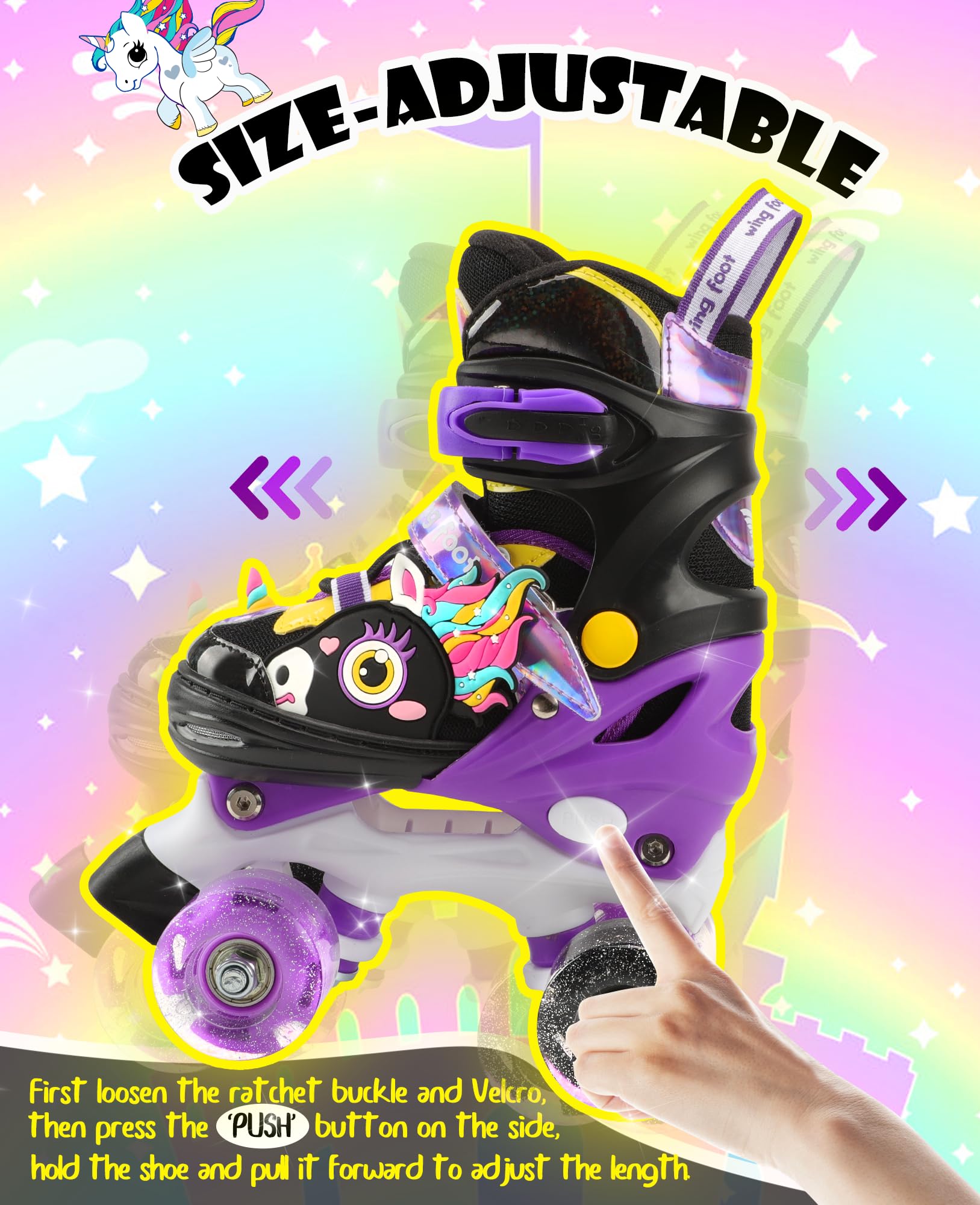 WESKIFAN unicorn skates worn by a child skating outdoors promoting active play