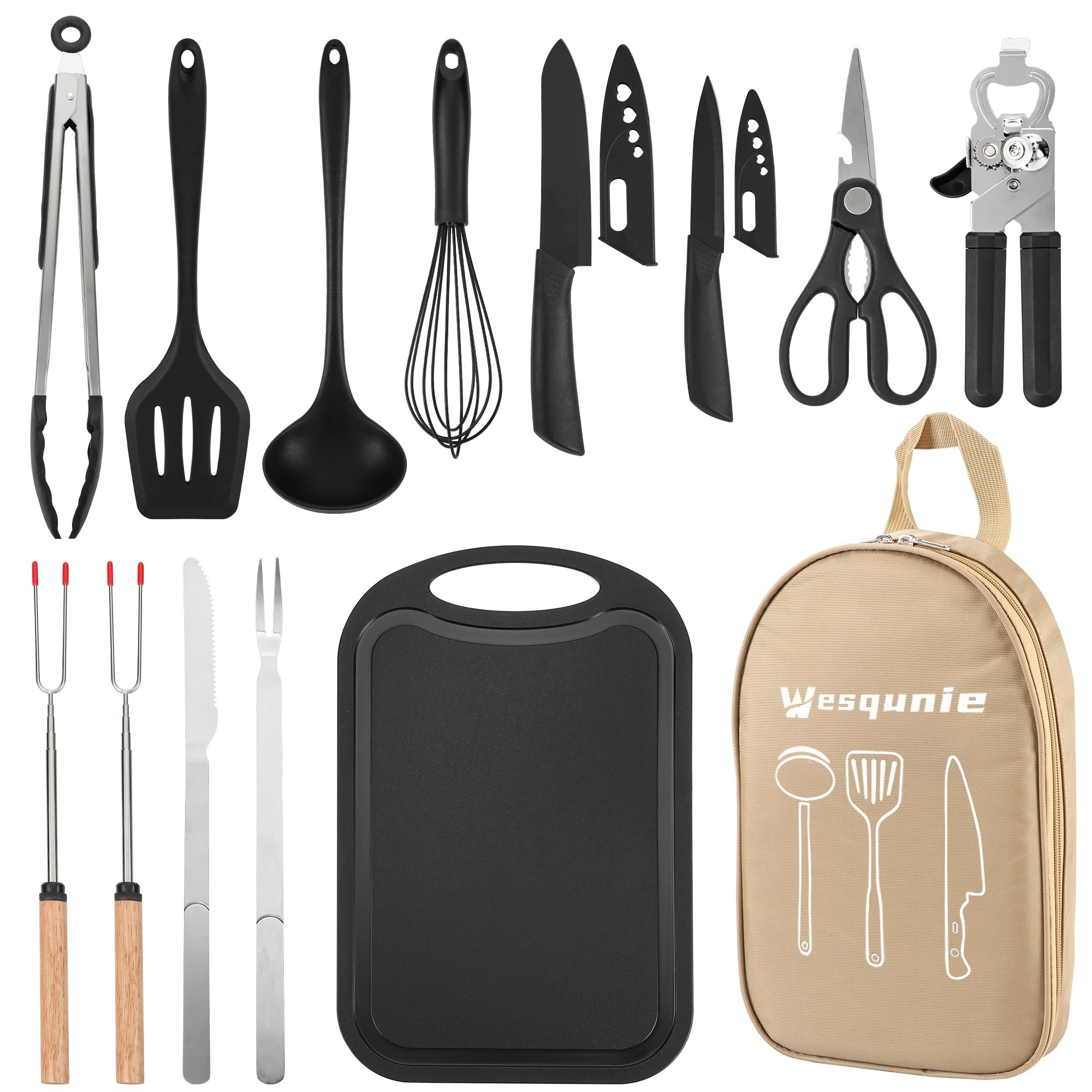 Wesqunie full kit front view showing organized camping utensils for convenience