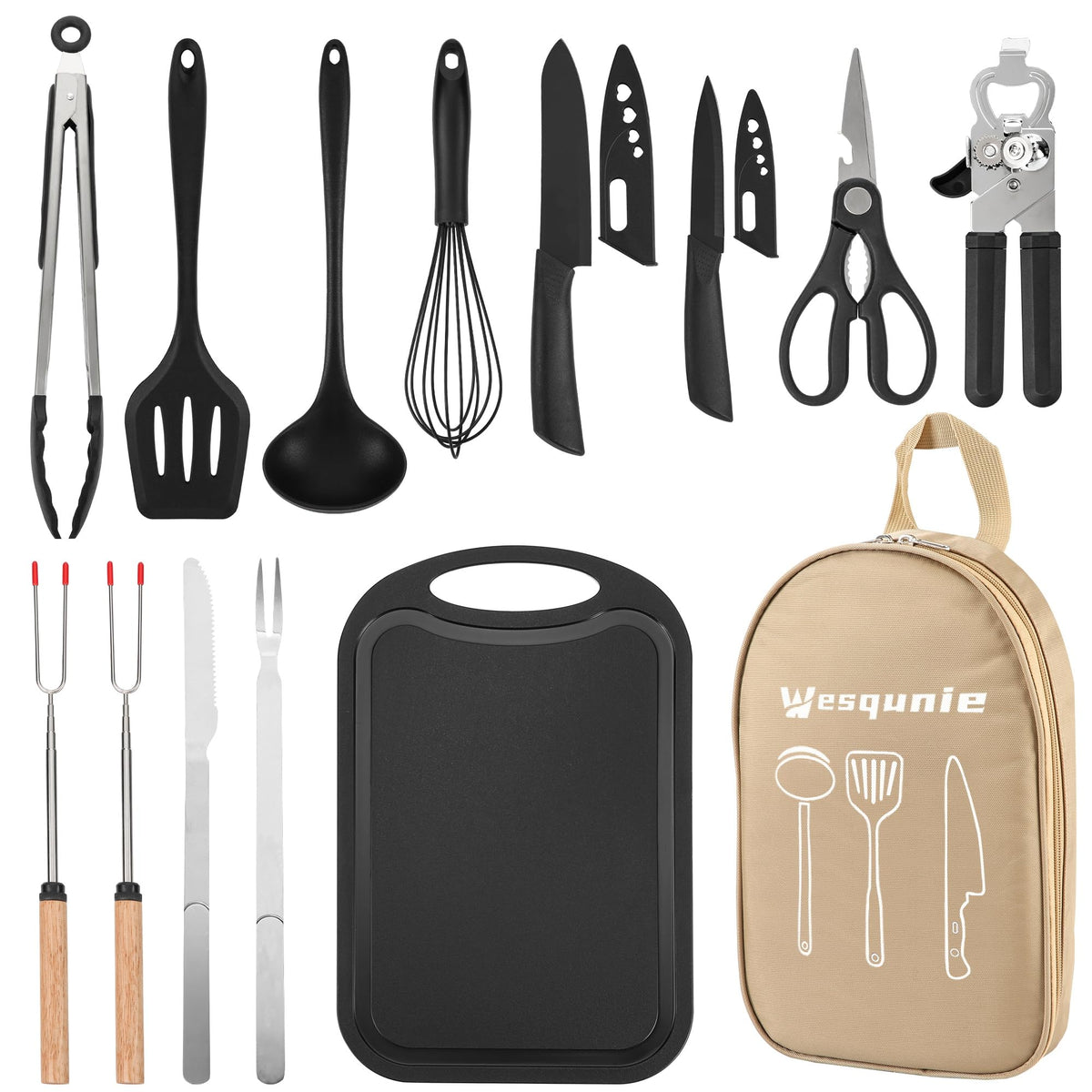 Wesqunie full kit front view showing organized camping utensils for convenience