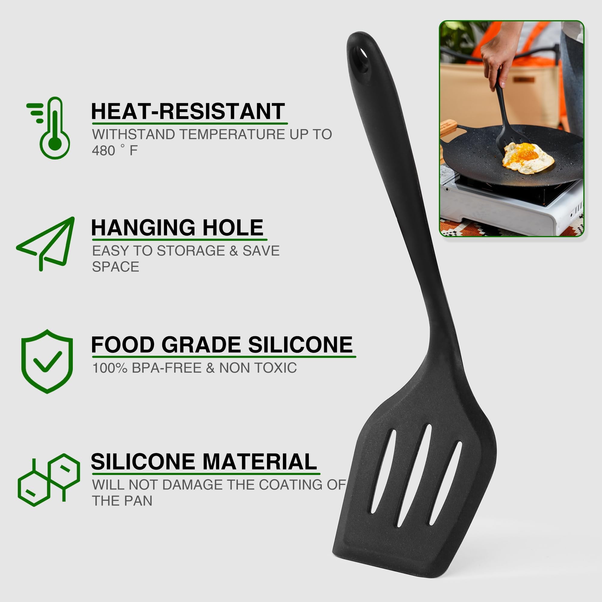 wesqunie silicone utensil heads closeup showing non-scratch surface, protects cookware benefit