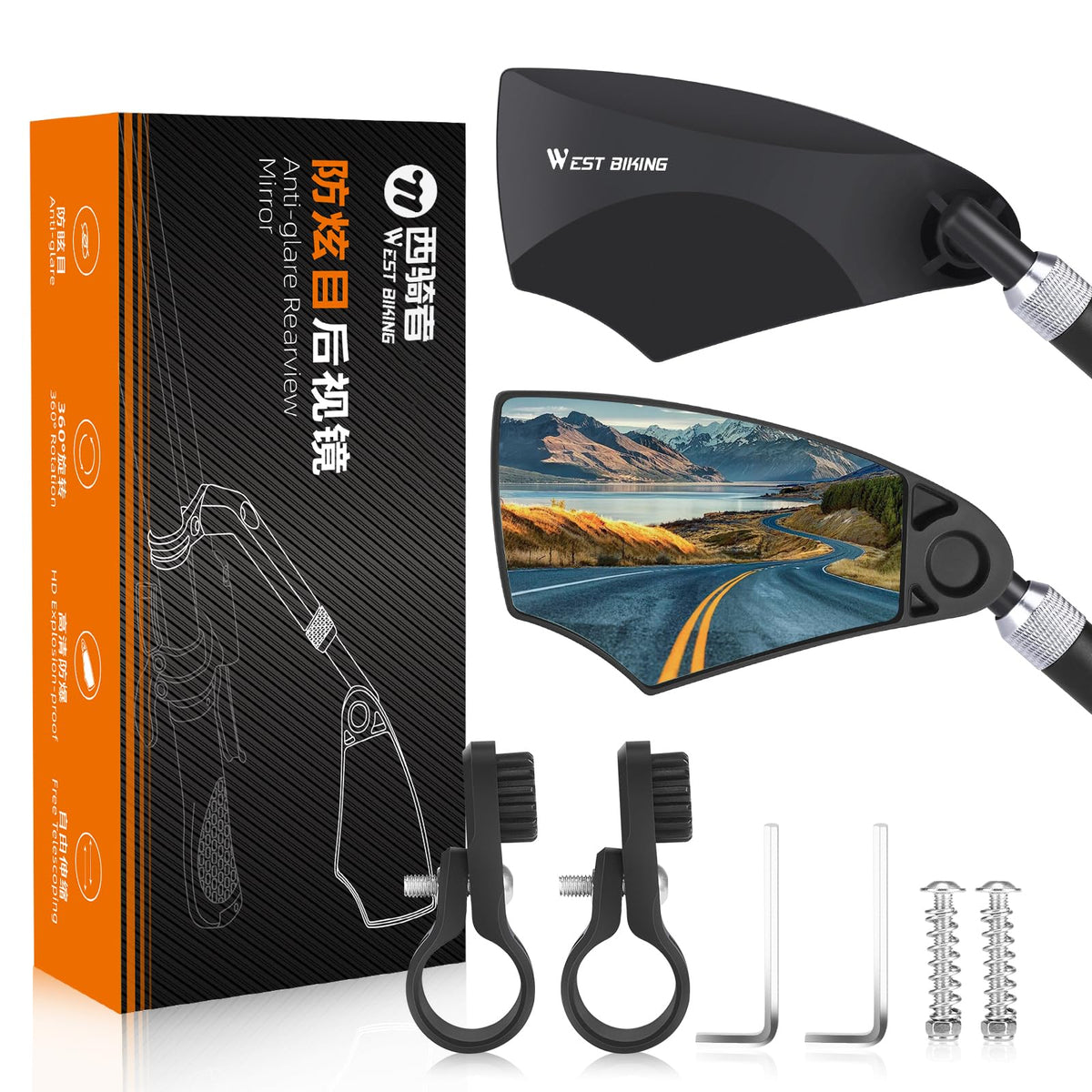 WEST Biking front packaging showing both handlebar mirrors and benefits