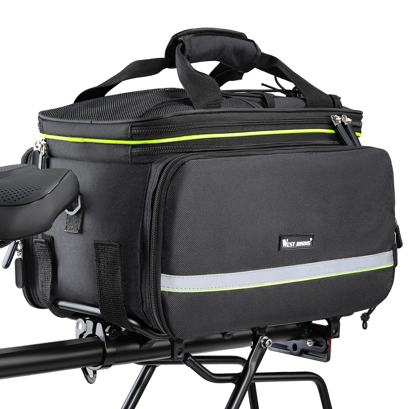 West Biking front view of double pannier showing sleek waterproof profile and secure mounting