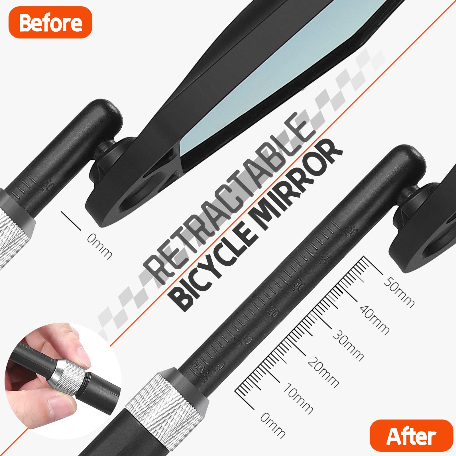 WEST Biking mirror beside ruler illustrating 20–23mm clamp fit
