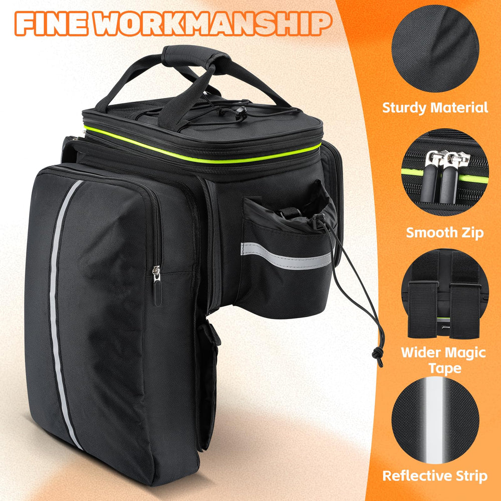 West Biking pannier next to water bottle for scale showing compact yet high-capacity storage