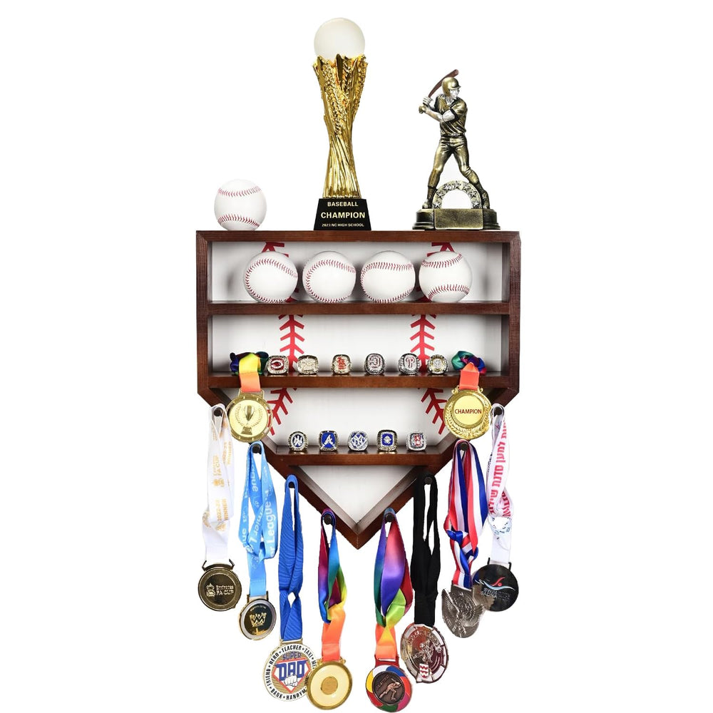 Westant front view showing home-plate frame and arranged memorabilia benefit: clear organization