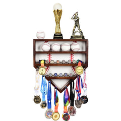 Westant front view showing home-plate frame and arranged memorabilia benefit: clear organization