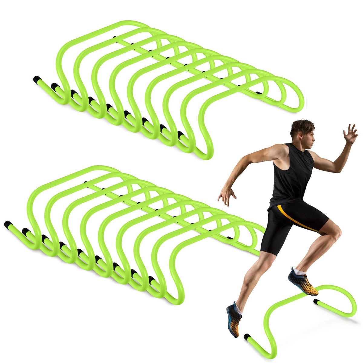 Wettarn front view of 18-pack green mini hurdles showing full set and portability benefit