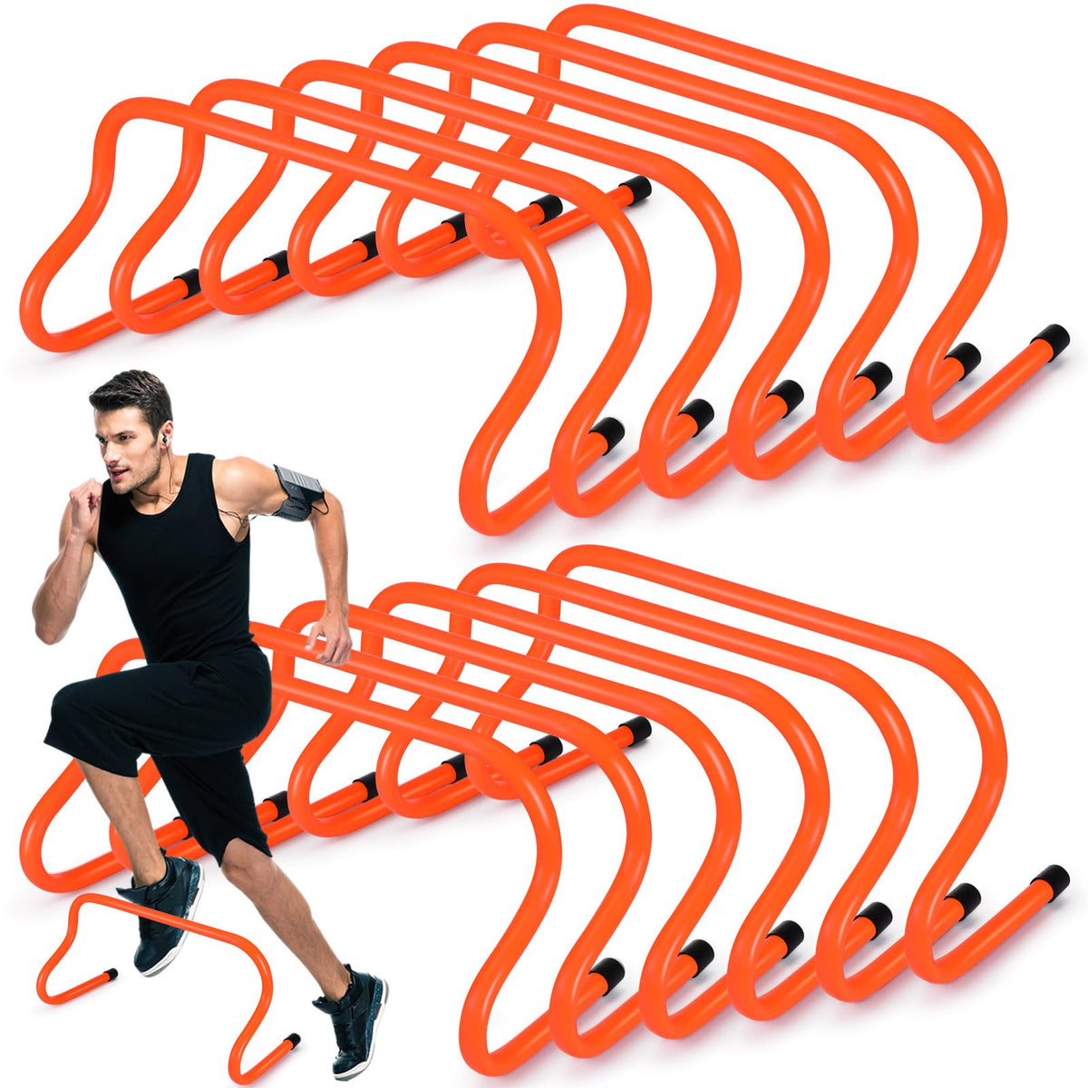 Wettarn front view of 12 orange hurdles neatly stacked showing complete set and easy transport benefit