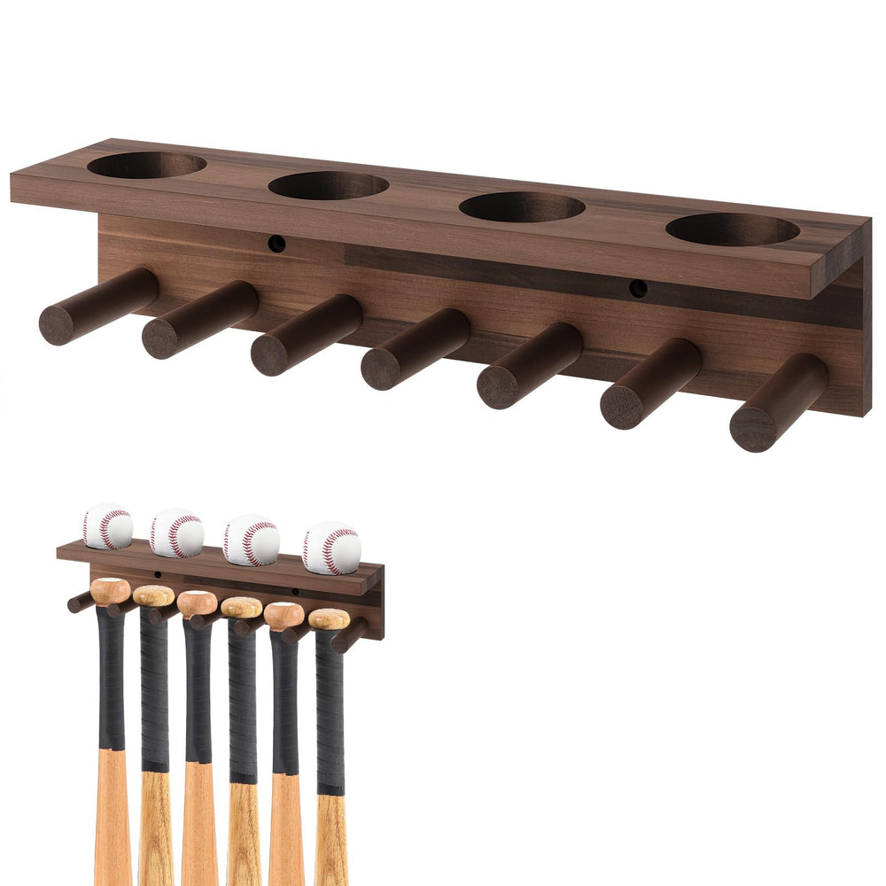Weysat front view of walnut bat and ball holder showing neat storage benefit
