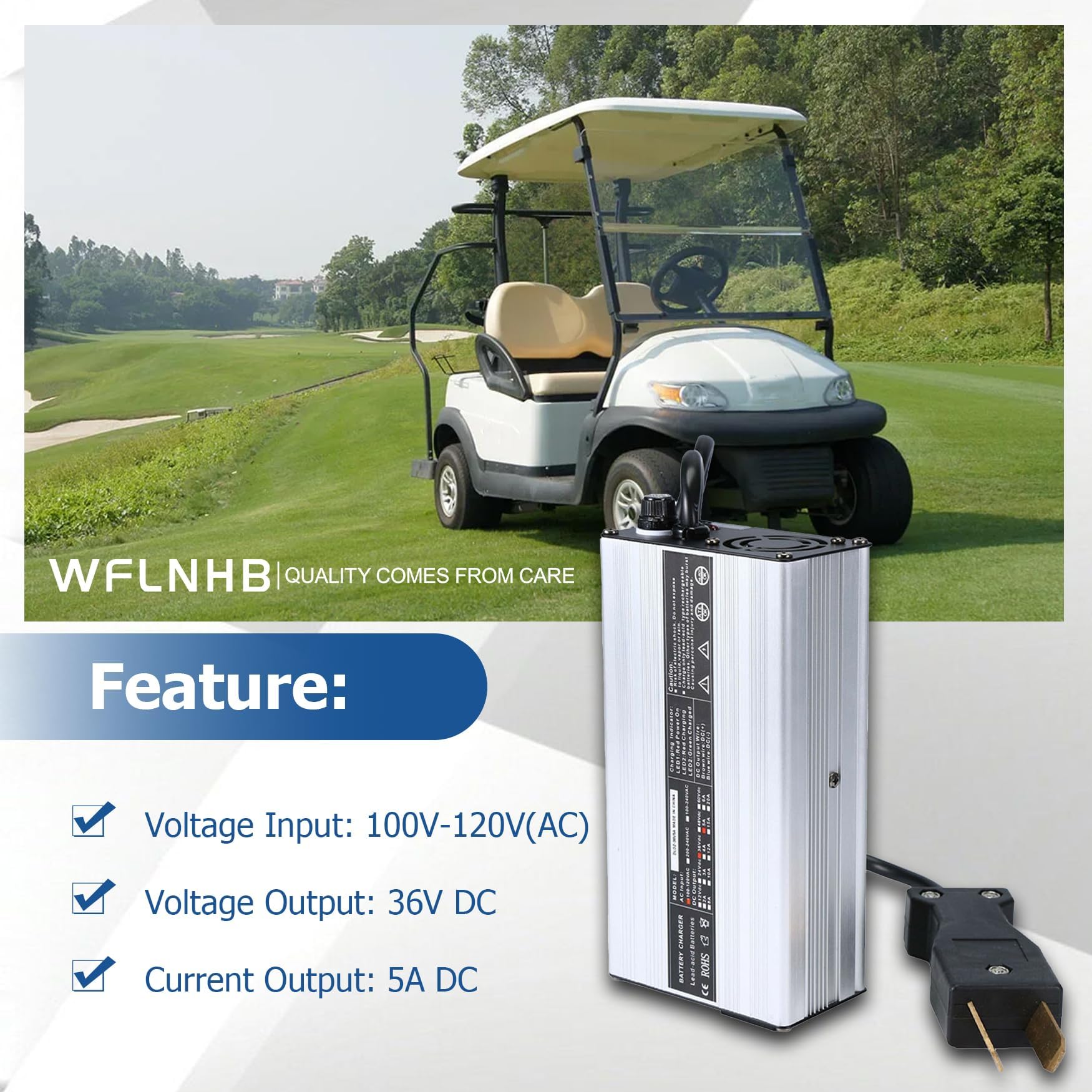 WFLNHB charger power cord with US plug showing ready-to-use household compatibility