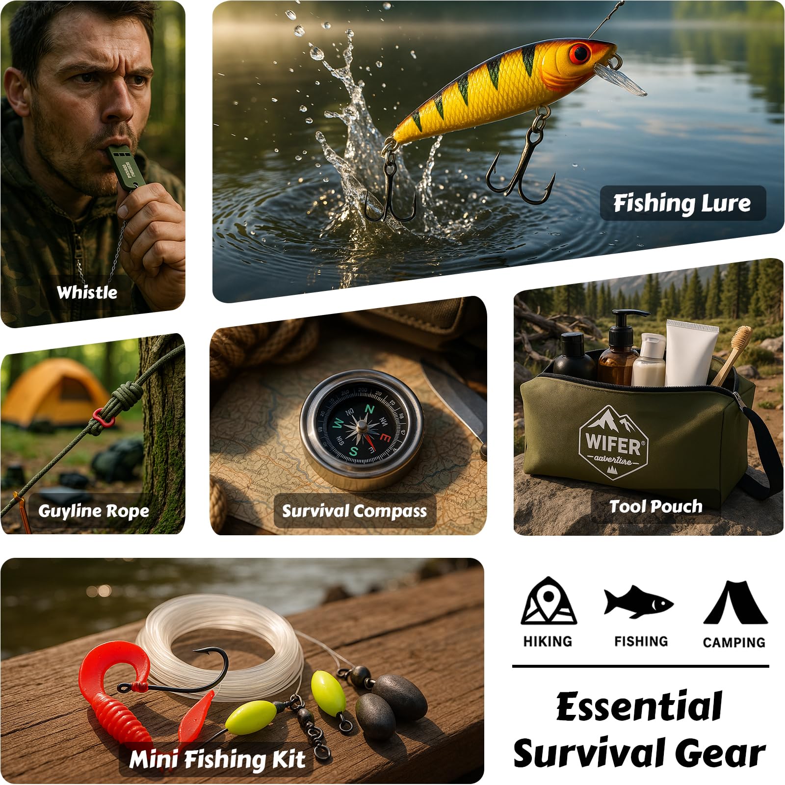 WIFER fishing kit components displayed showing hooks and line benefit compact food sourcing